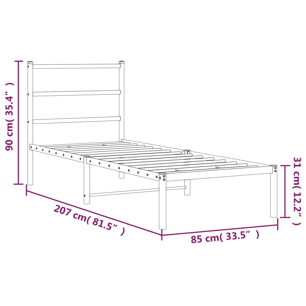 Metal Bed Frame without Mattress with Headboard Black 80x200cm