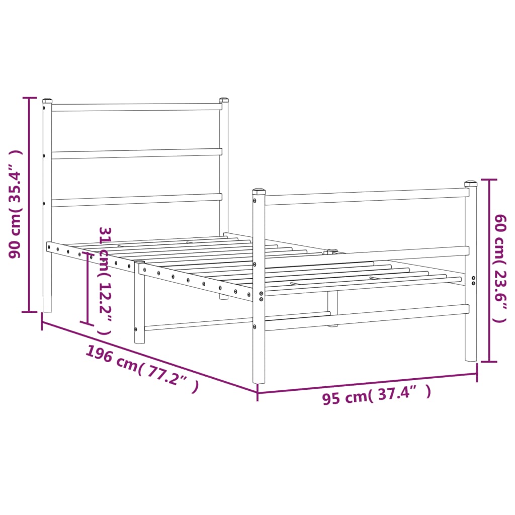 Metal Bed Frame without Mattress with Footboard Black 90x190cm