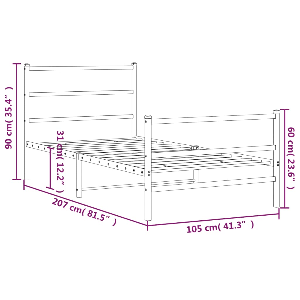 Metal Bed Frame without Mattress with Footboard Black 100x200cm