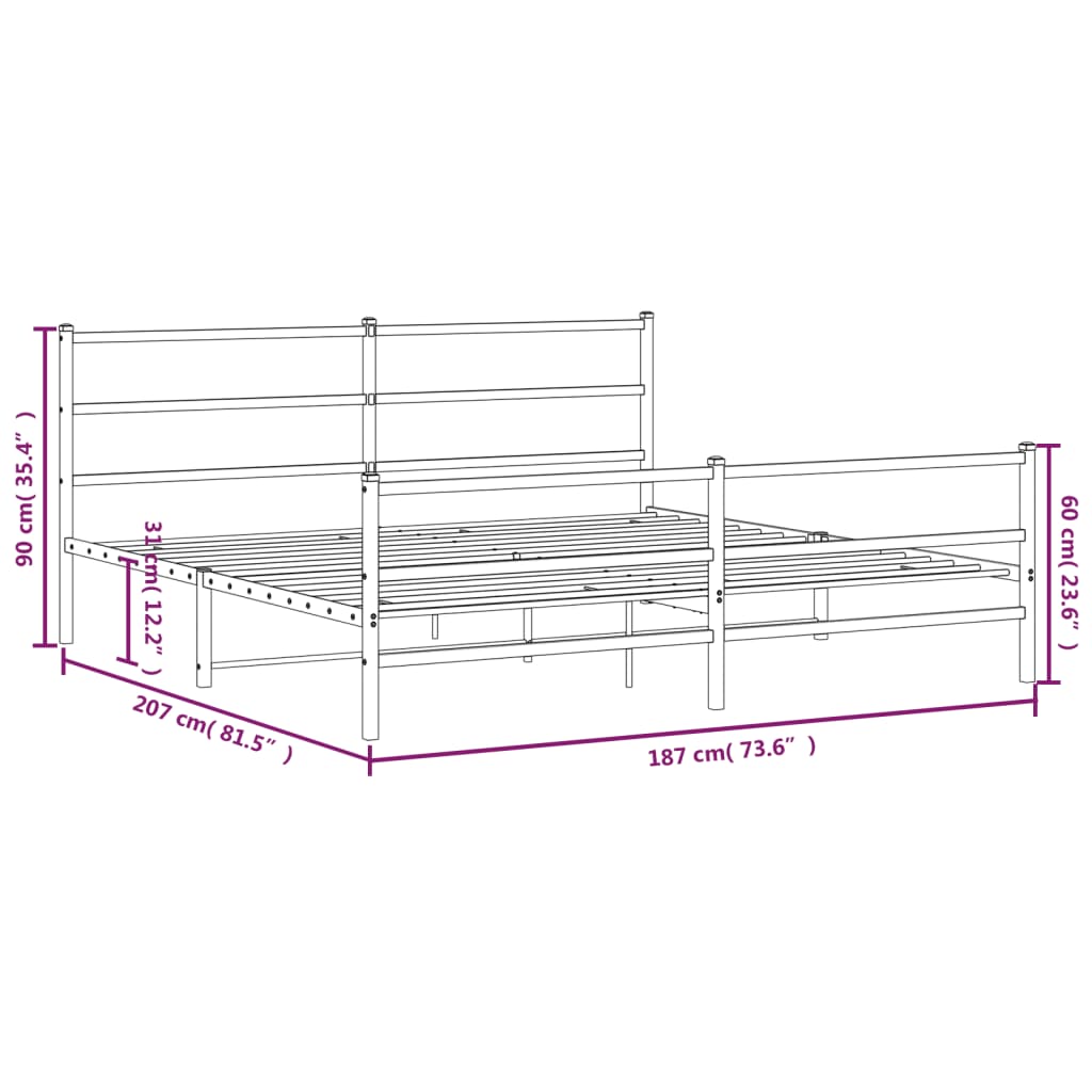 Metal Bed Frame without Mattress with Footboard Black 180x200cm