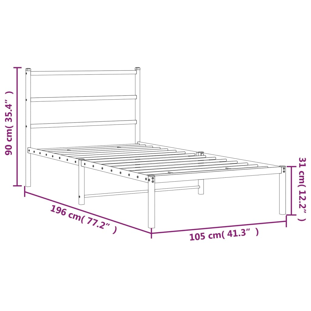 Metal Bed Frame without Mattress with Headboard White 100x190cm
