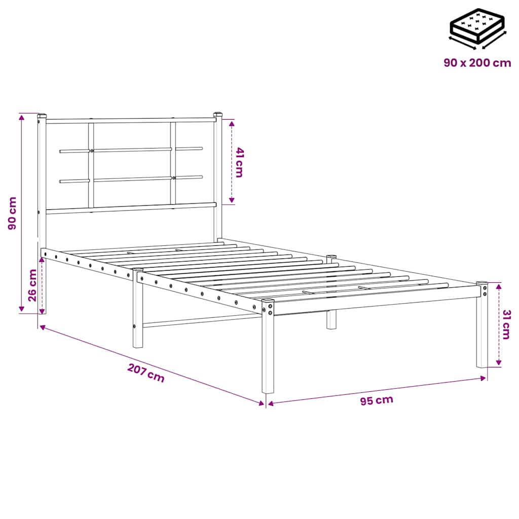 Metal Bed Frame without Mattress with Headboard Black 90x200cm
