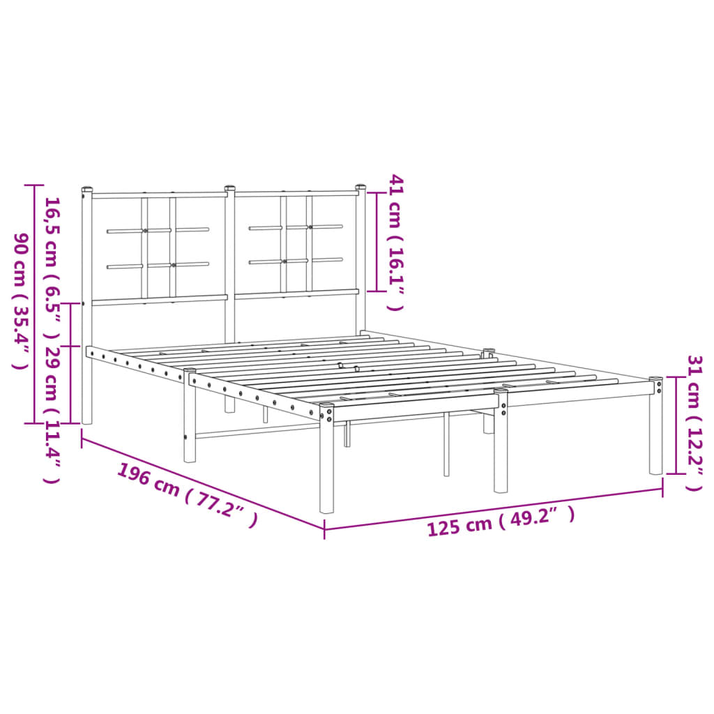Metal Bed Frame without Mattress with Headboard Black 120x190cm
