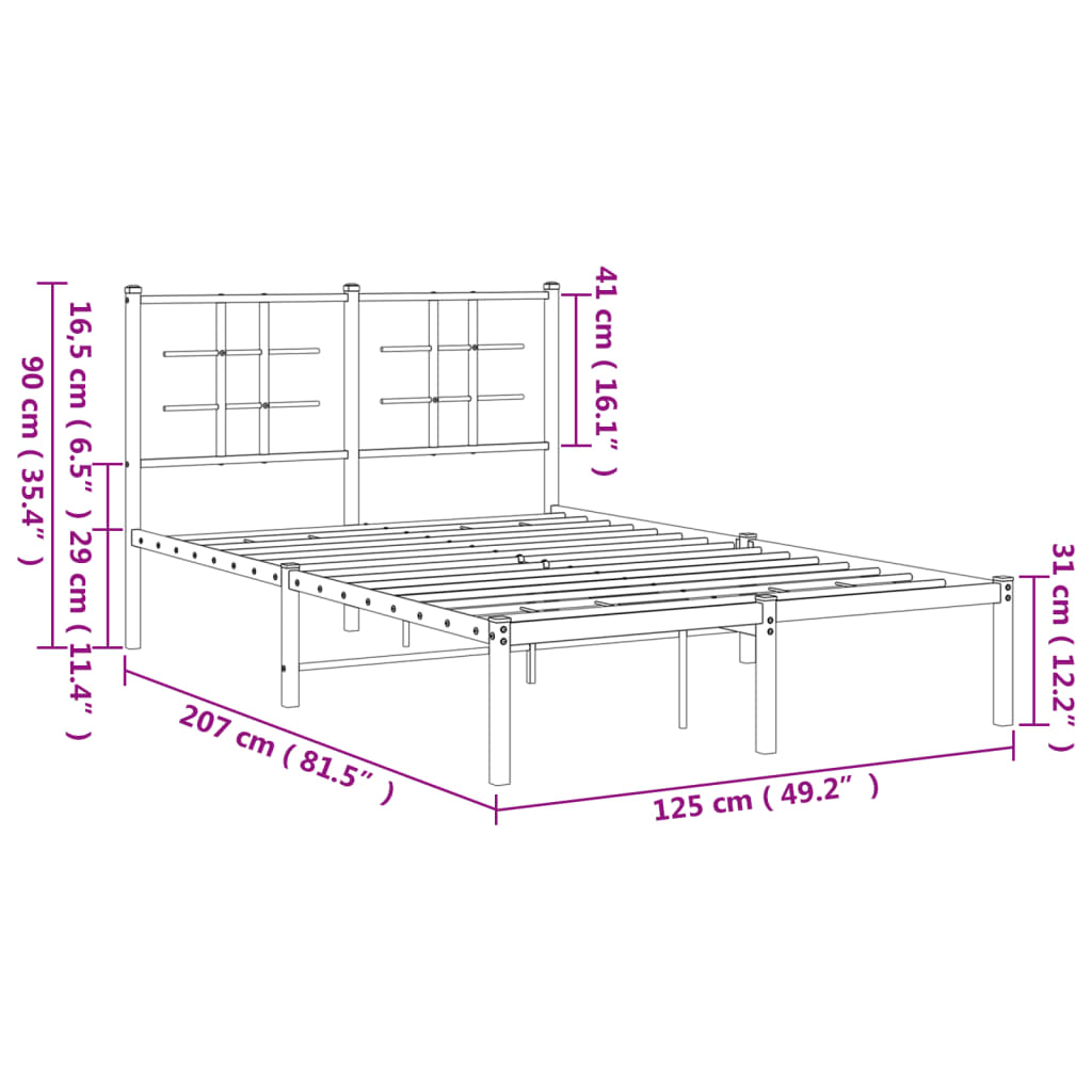 Metal Bed Frame without Mattress with Headboard Black 120x200cm
