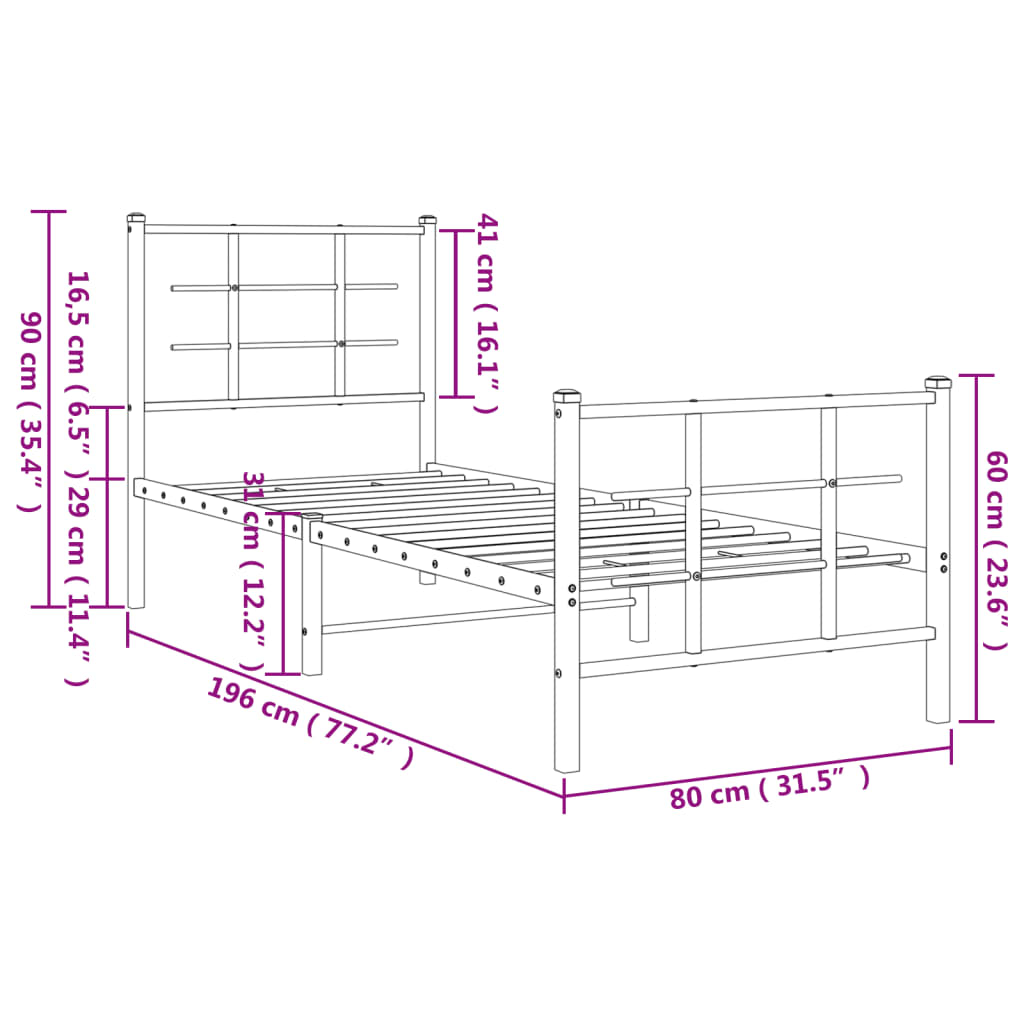 Metal Bed Frame without Mattress with Footboard Black 75x190cm