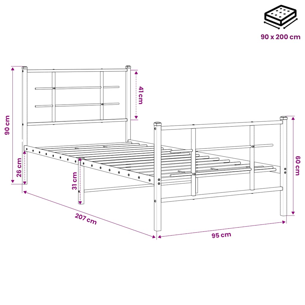 Metal Bed Frame without Mattress with Footboard Black 90x200cm