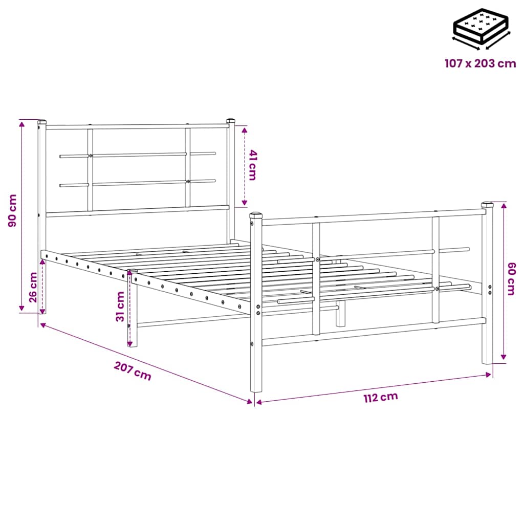 Metal Bed Frame without Mattress with Footboard Black 107x203cm