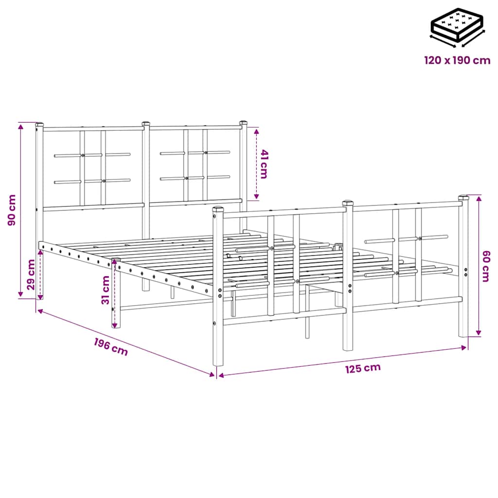 Metal Bed Frame without Mattress with Footboard Black 120x190cm