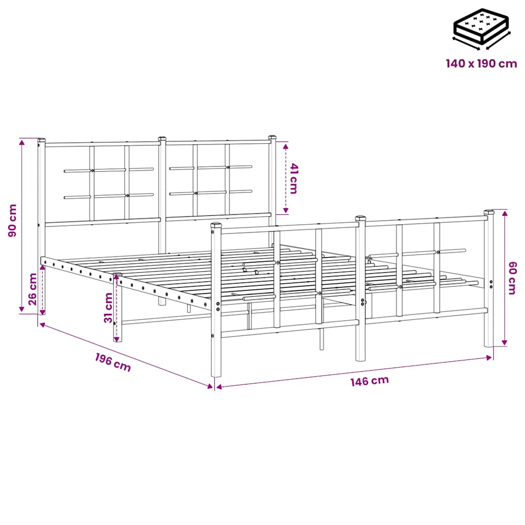 Metal Bed Frame without Mattress with Footboard Black 140x190cm