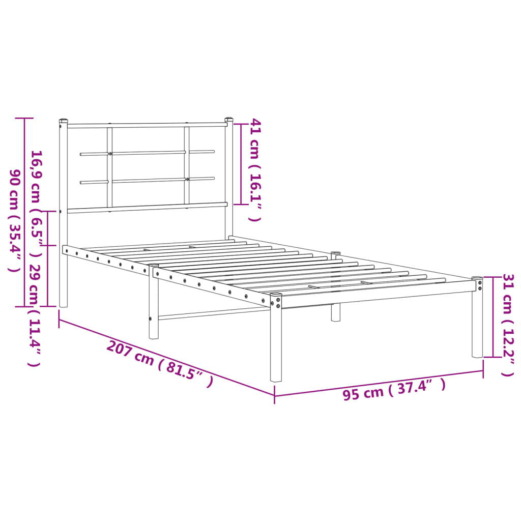 Metal Bed Frame without Mattress with Headboard White 90x200cm