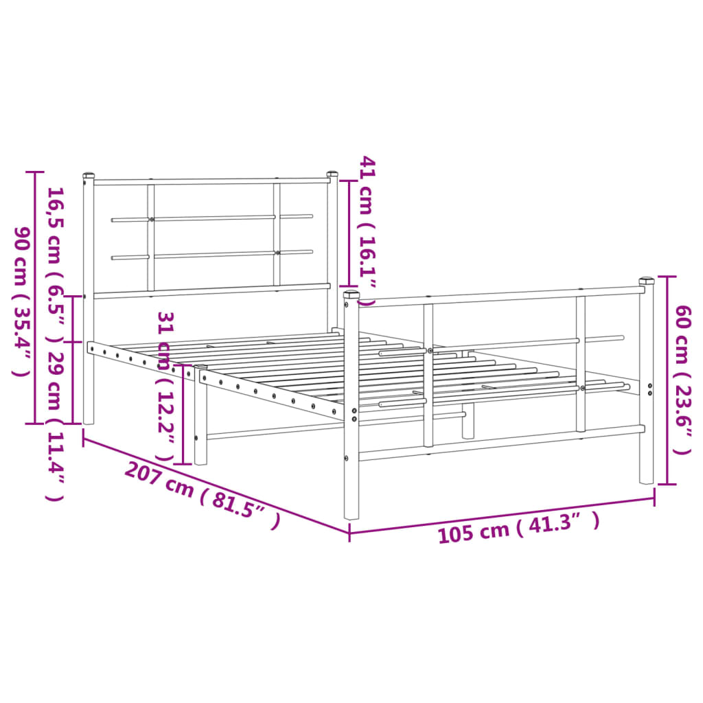 vidaXL Bed Frame White Steel Single Bed Frame Rectangular Modern