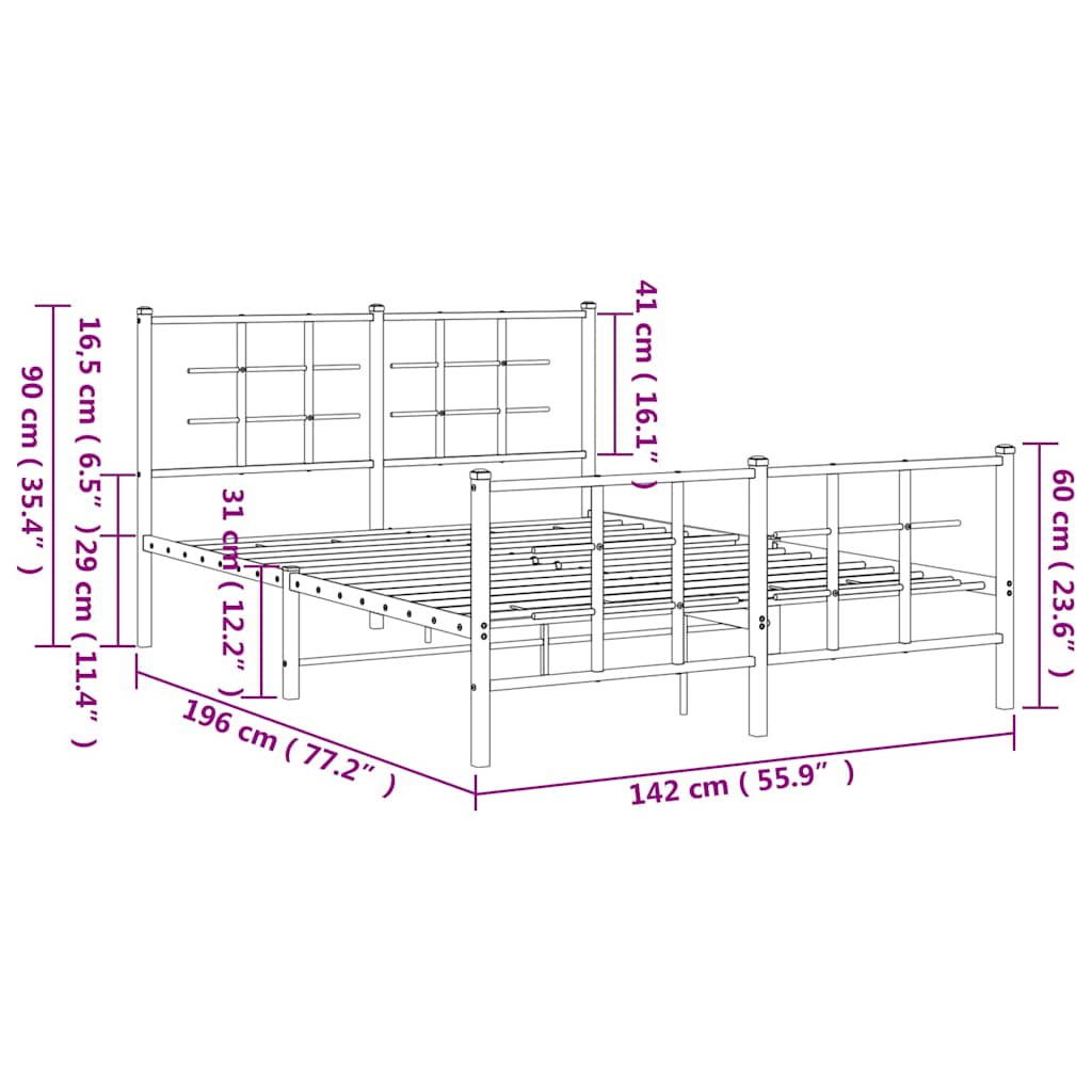 Metal Bed Frame without Mattress with Footboard White 135x190cm