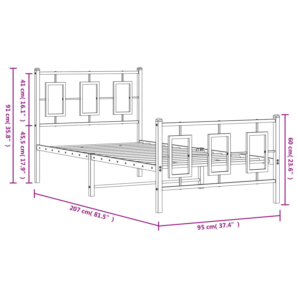 Metal Bed Frame without Mattress with Footboard Black 90x200cm