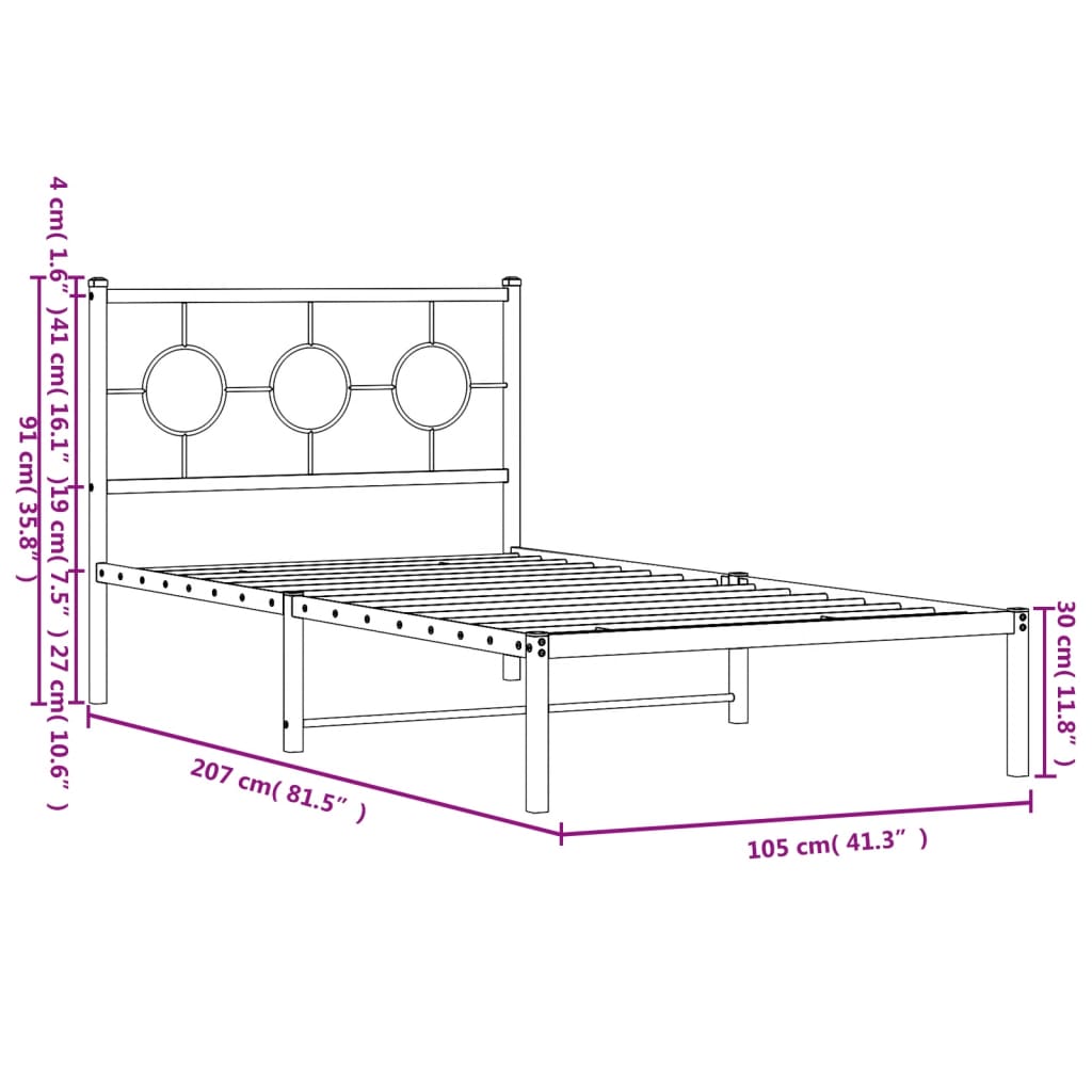 Metal Bed Frame without Mattress with Headboard White 39.4"x78.7