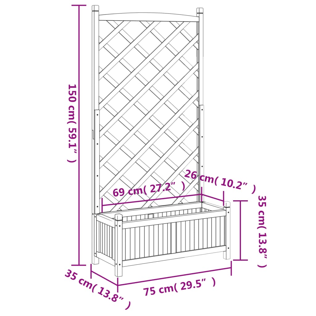 Planter with Trellis Grey 75 x 35 x 150 cm Solid Wood Fir
