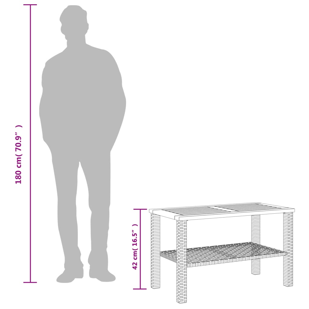 Patio Table Gray 27.6"x15"x16.5" Poly Rattan Acacia Wood