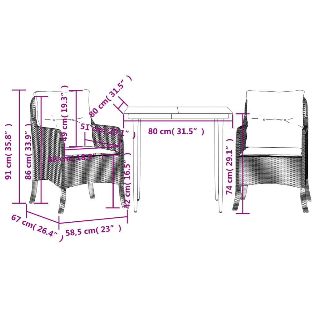 3 Piece Garden Dining Set with Cushions Grey Poly Rattan (US only)