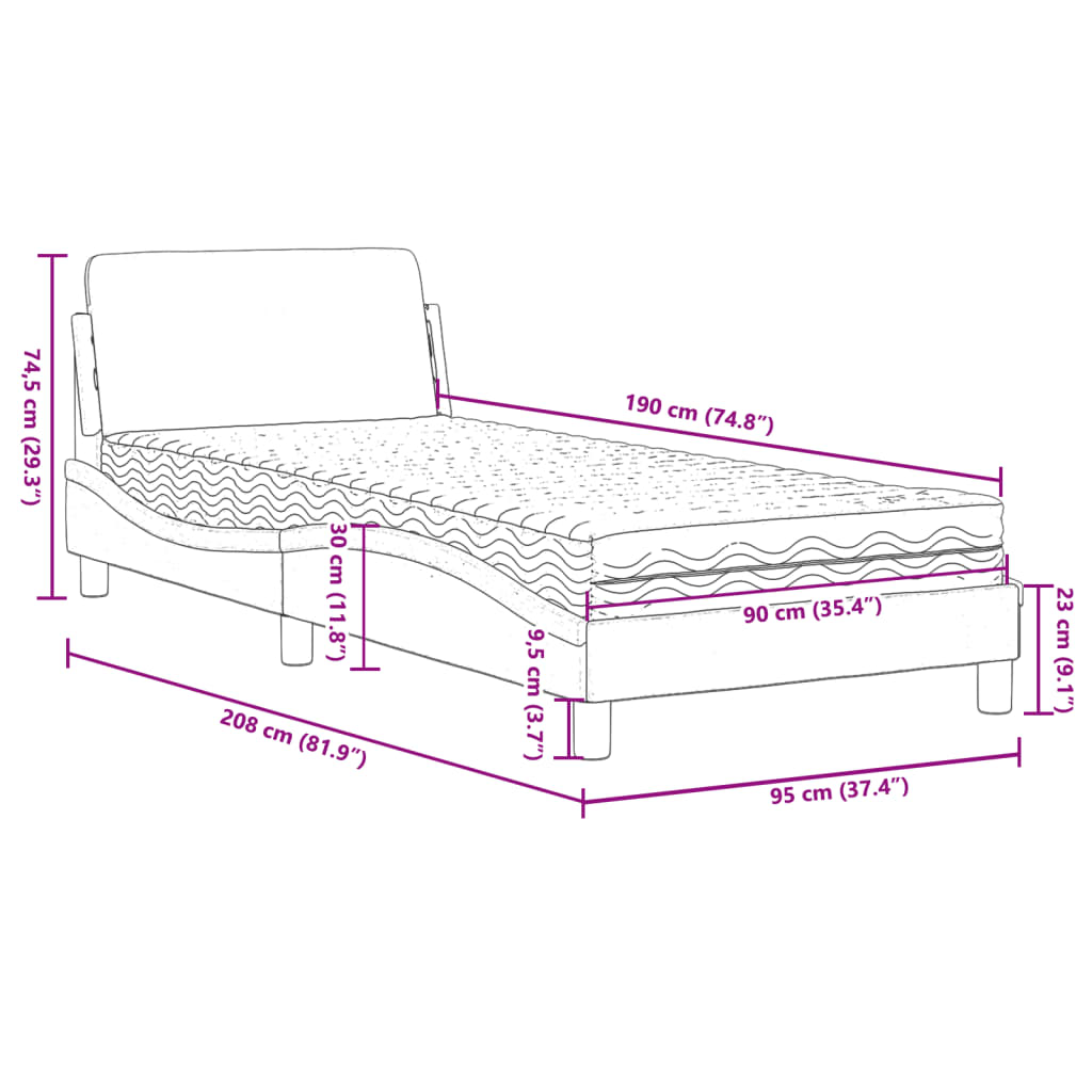 Bed with Mattress "Dover" Black Single Velvet