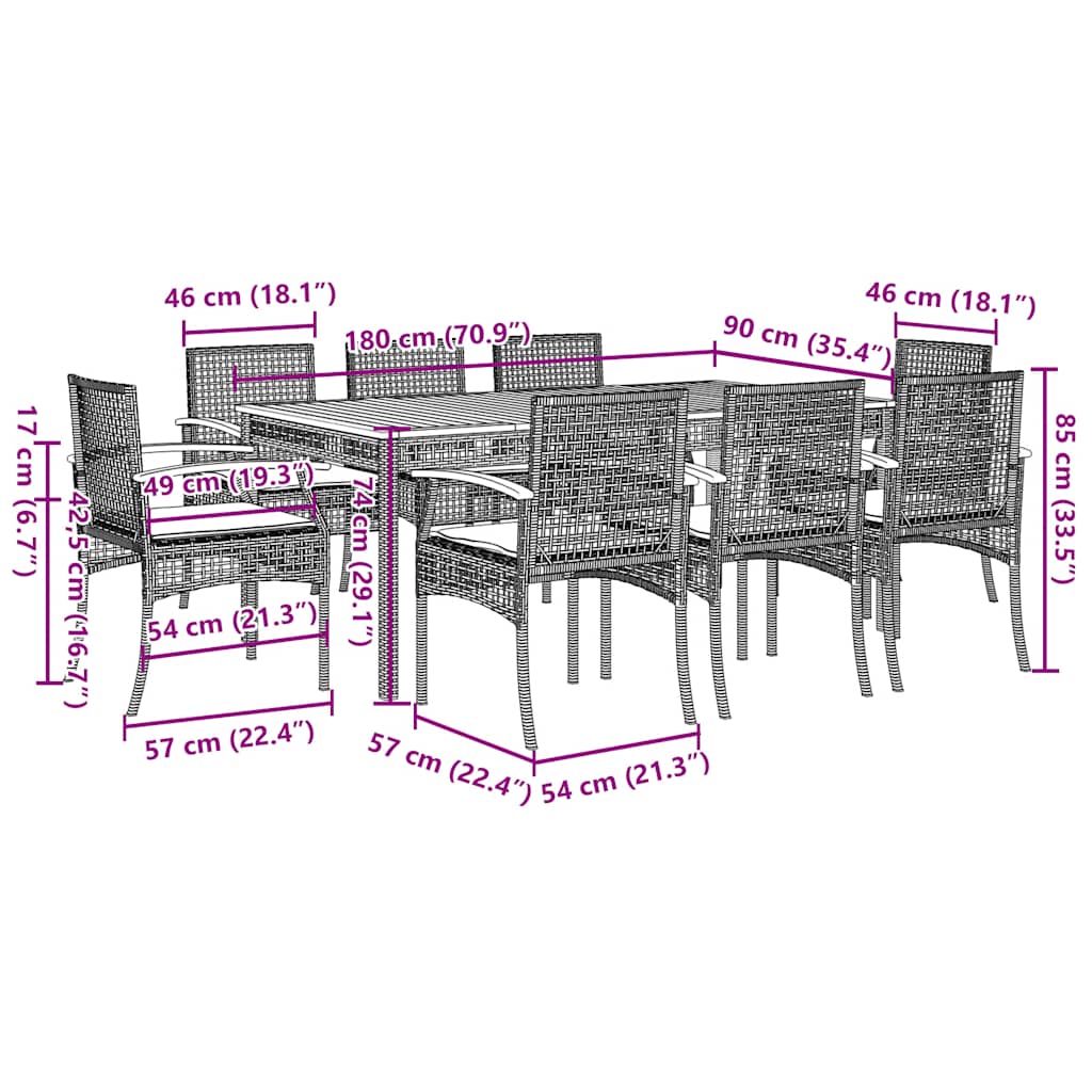 9 Piece Garden Dining Set with Cushions Grey Poly Rattan