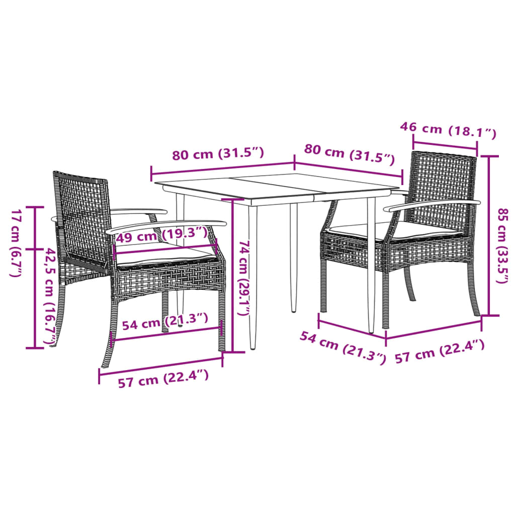 3 Piece Patio Dining Set with Cushions Black Poly Rattan