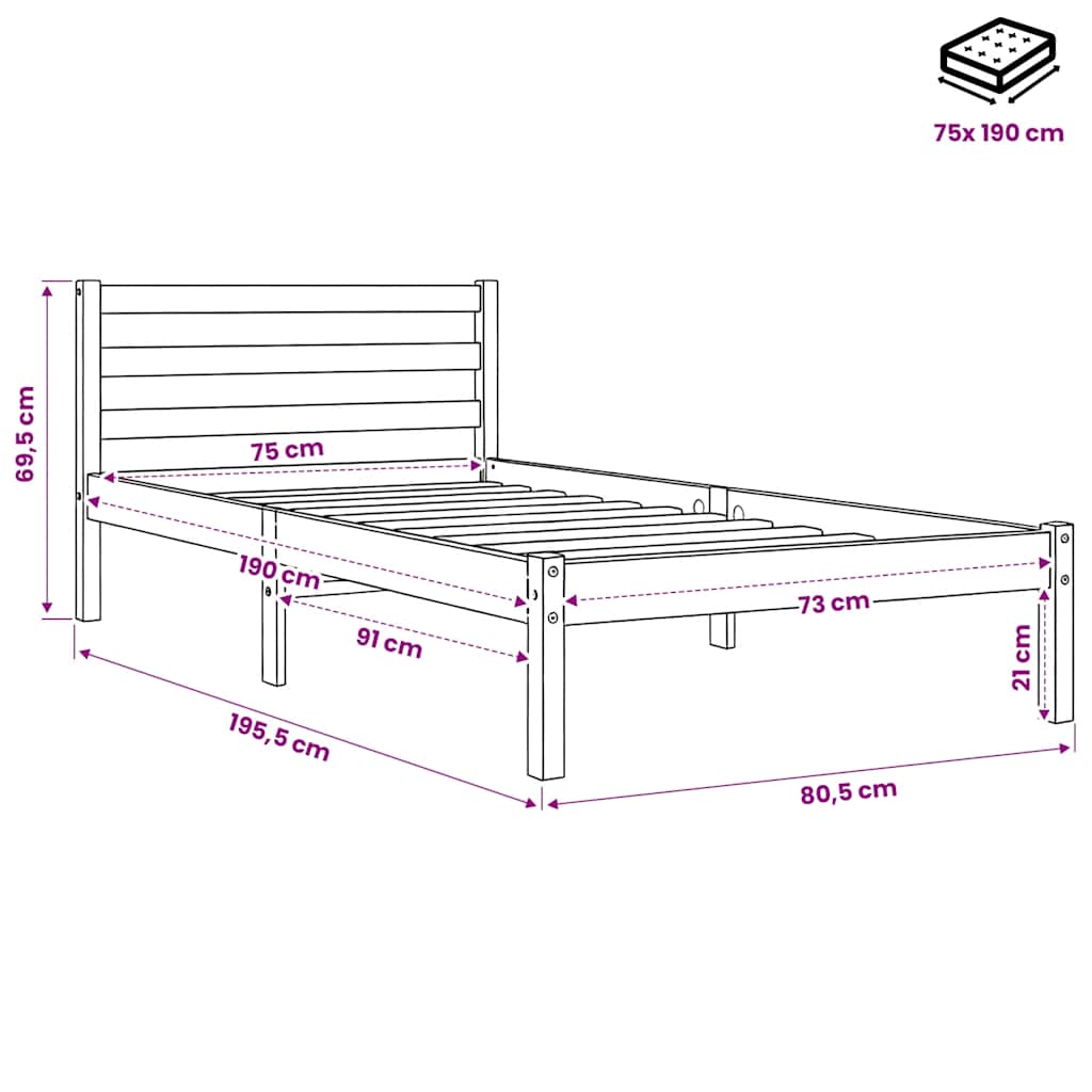 Bed Frame | Wax Brown | Solid pine wood | Small Single | Durable