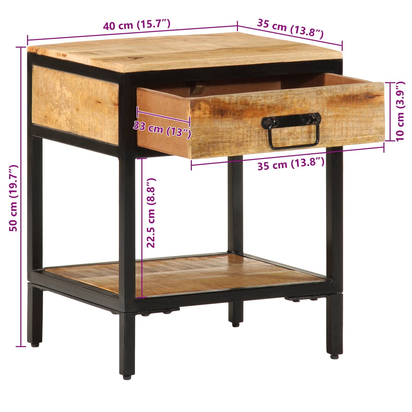 Bedside Table Brown 40 x 35 x 50 cm Solid Mango Wood and Metal