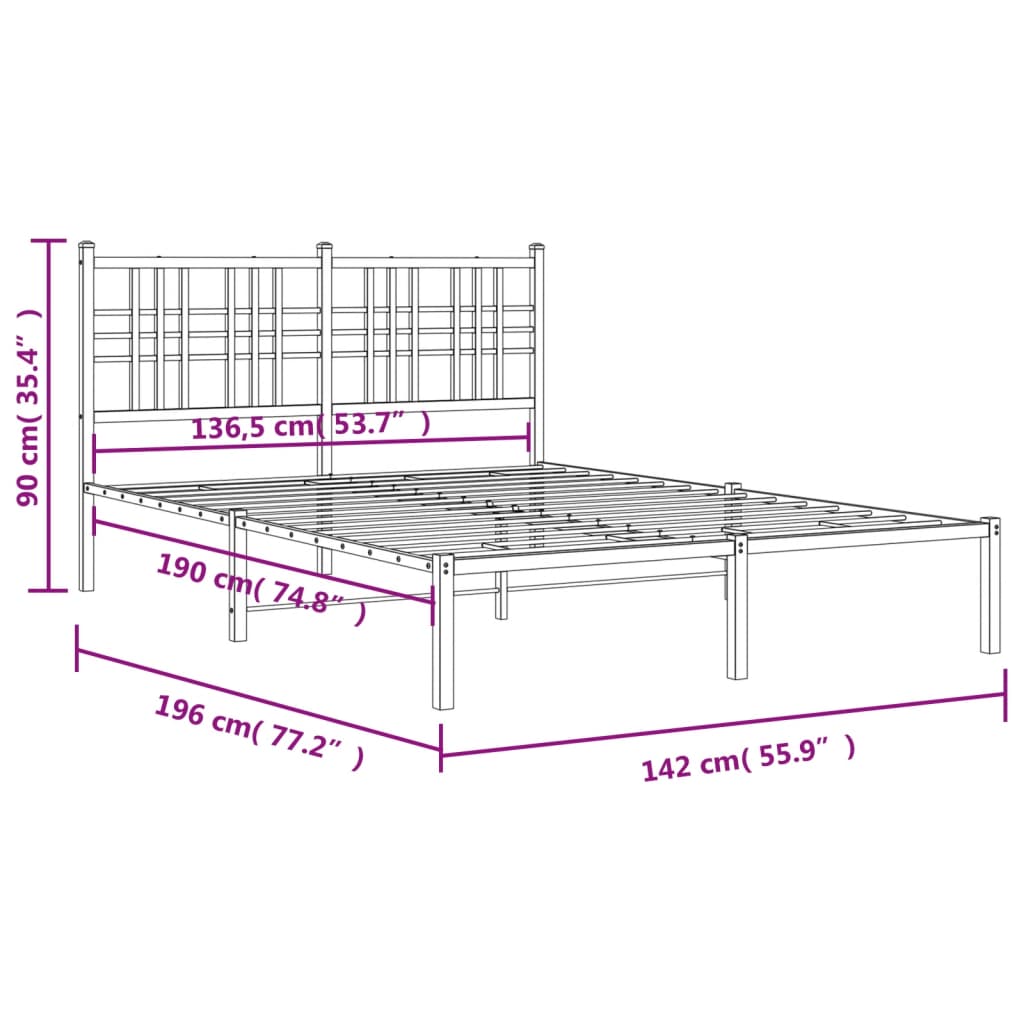 Metal Bed Frame without Mattress with Headboard Black 135x190cm