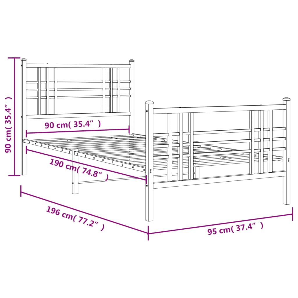 Metal Bed Frame without Mattress with Footboard Black 90x190cm
