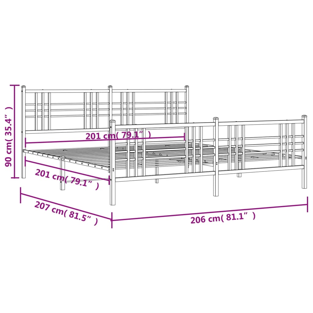 Metal Bed Frame without Mattress with Footboard Black 200x200cm