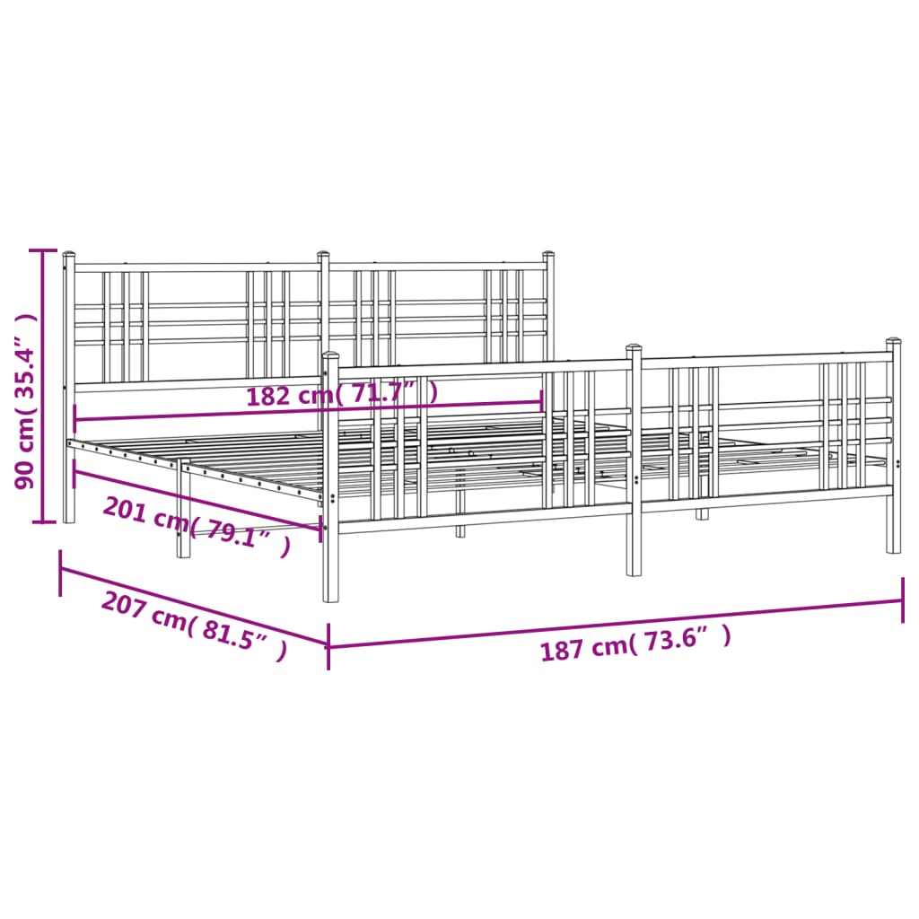 Metal Bed Frame without Mattress with Footboard White 180x200cm