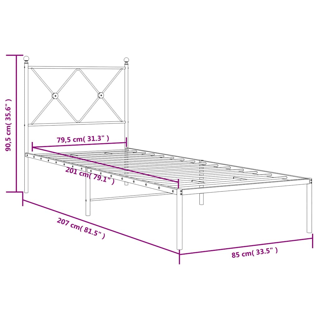 Metal Bed Frame without Mattress with Headboard Black 80x200cm