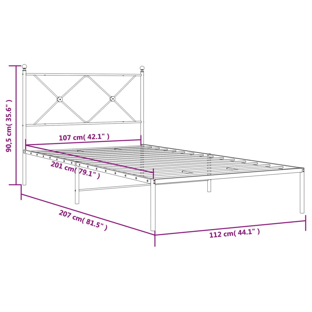 Metal Bed Frame without Mattress with Headboard Black 107x203cm