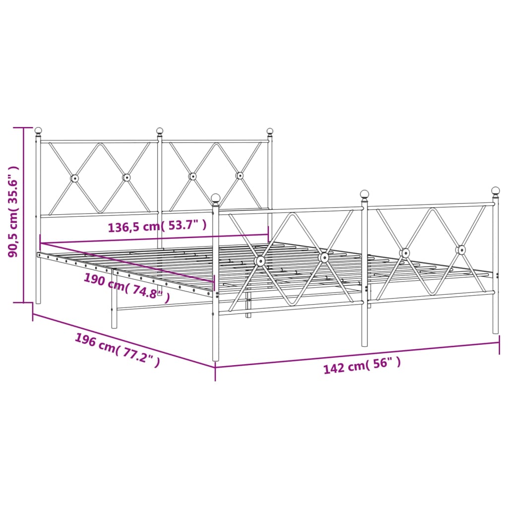 Metal Bed Frame without Mattress with Footboard Black 137x190cm