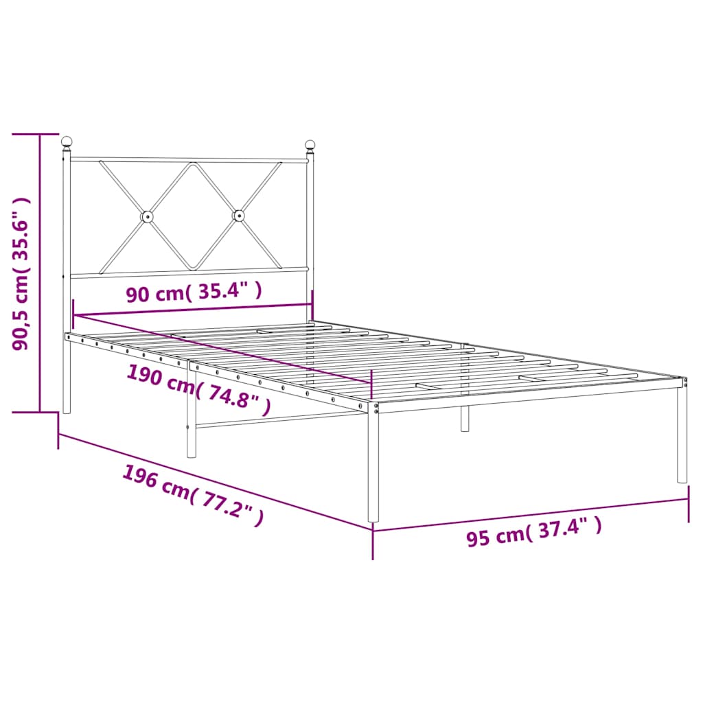 Metal Bed Frame without Mattress with Headboard White 90x190cm