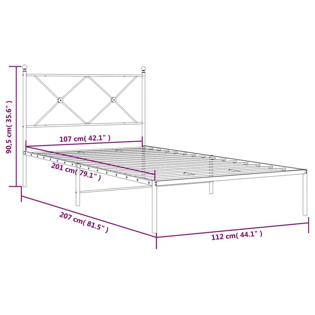 Metal Bed Frame without Mattress with Headboard White 107x203cm