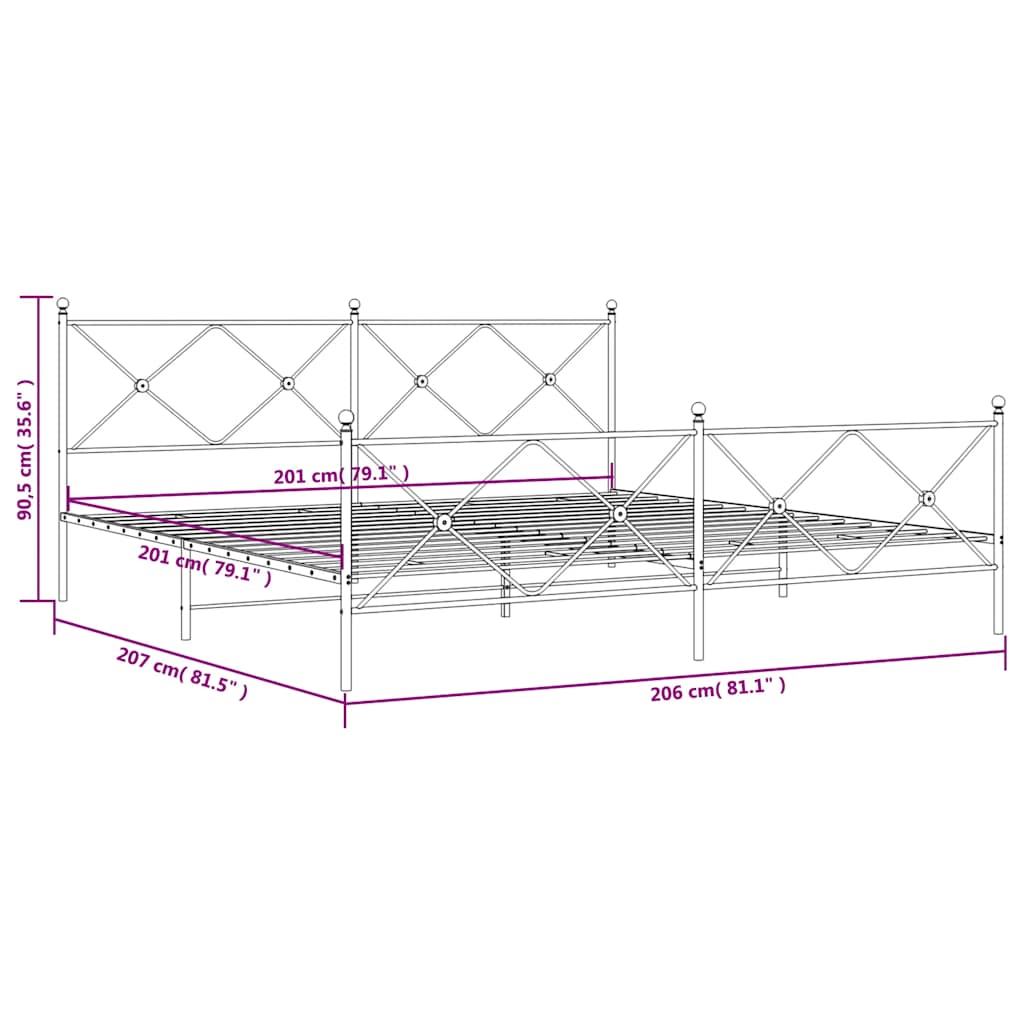 Metal Bed Frame without Mattress with Footboard White 200x200cm