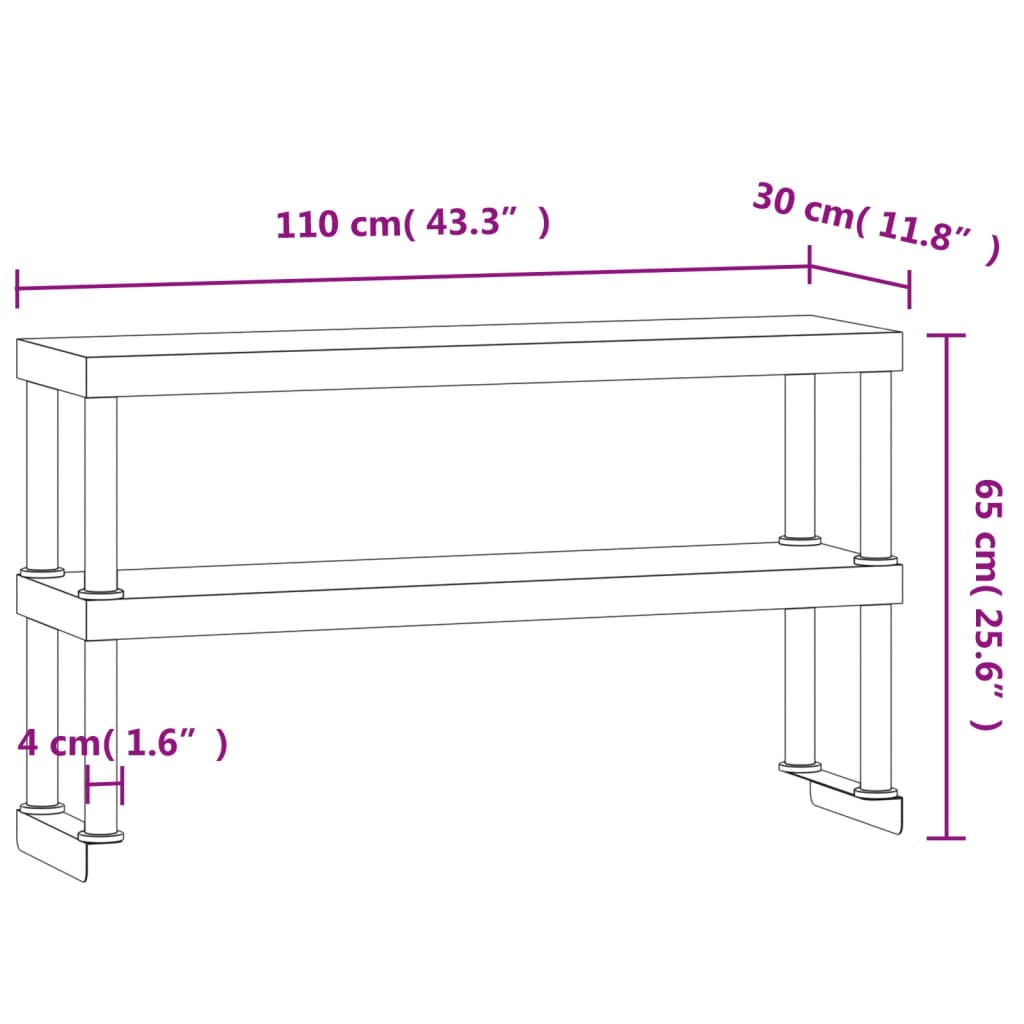 Work Table Overshelf 2-Tier 43.3"x11.8"x25.6" Stainless Steel