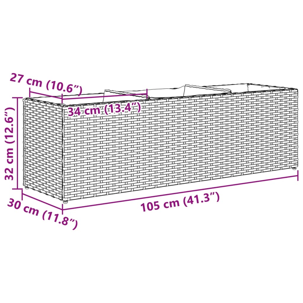 Garden Planter with 3 Pots Grey 105x30x32 cm Poly Rattan
