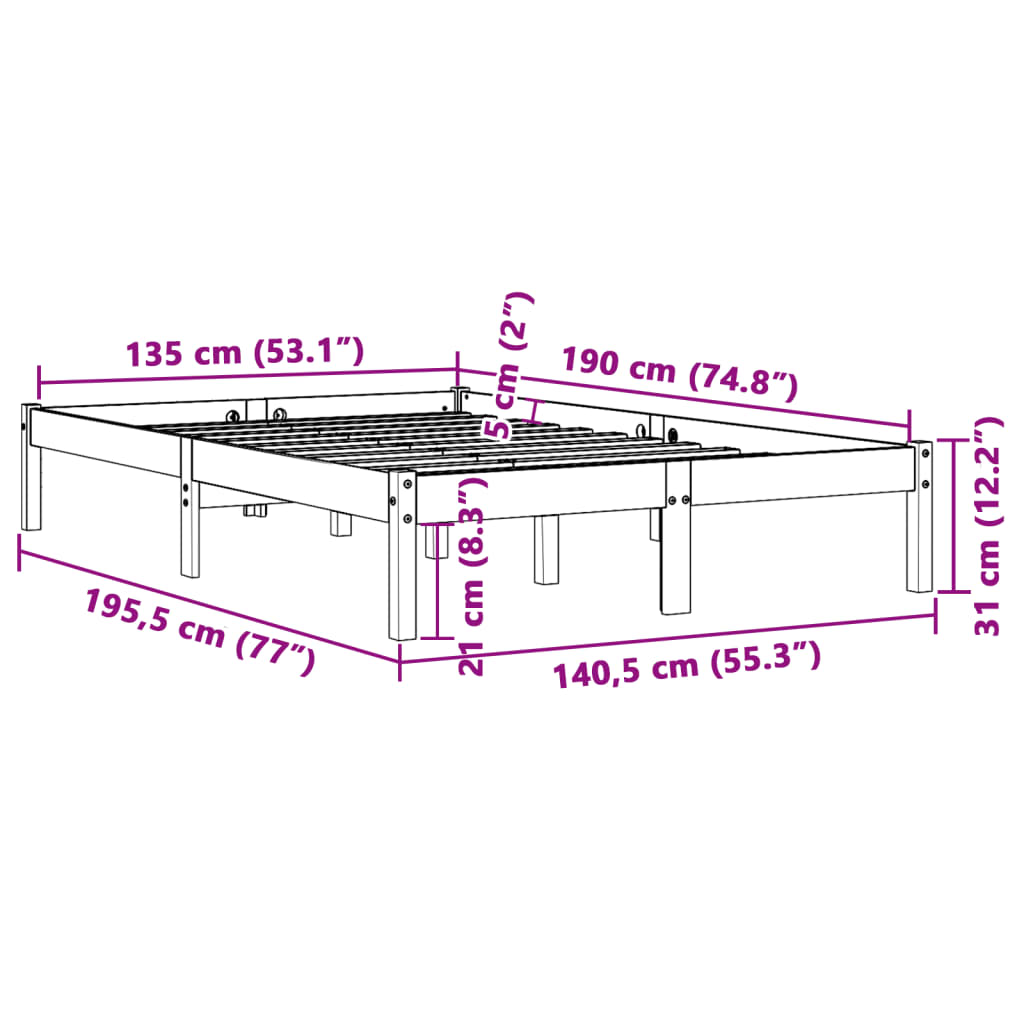 Bed Frame without Mattress Wax Brown 135x190 cm Double Solid Wood Pine