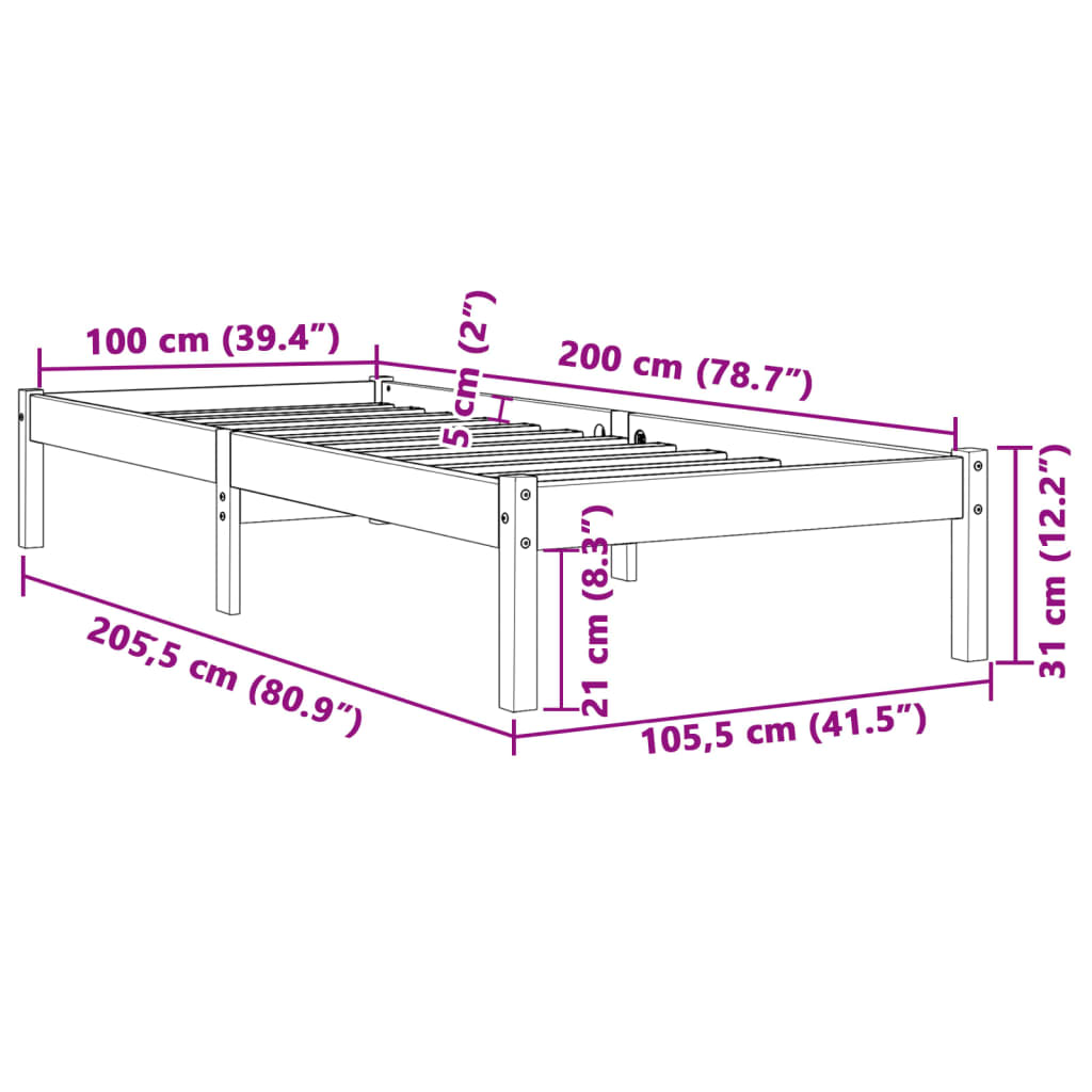 Bed Frame without Mattress Wax Brown 100x200 cm Solid Wood Pine
