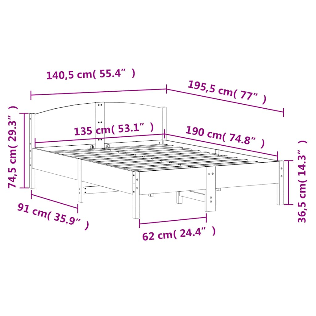 Bed Frame without Mattress White 135x190 cm Double Solid Wood Pine