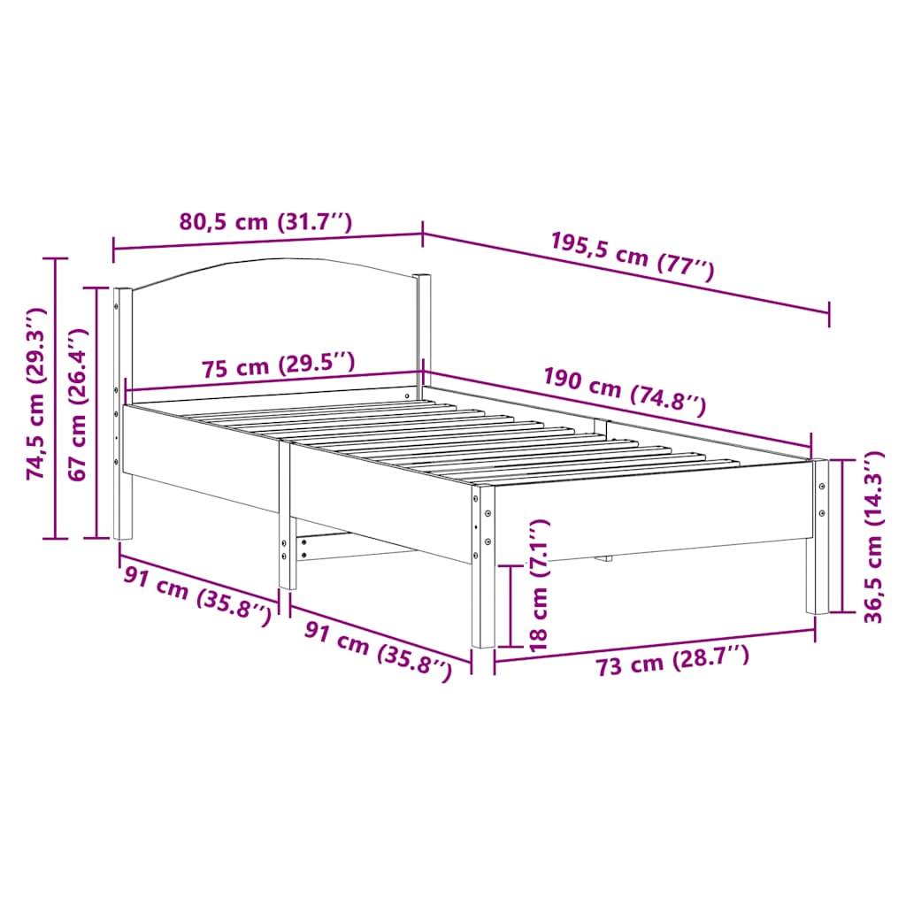 Bed Frame without Mattress Wax Brown 75x190 cm Small Single Solid Wood Pine