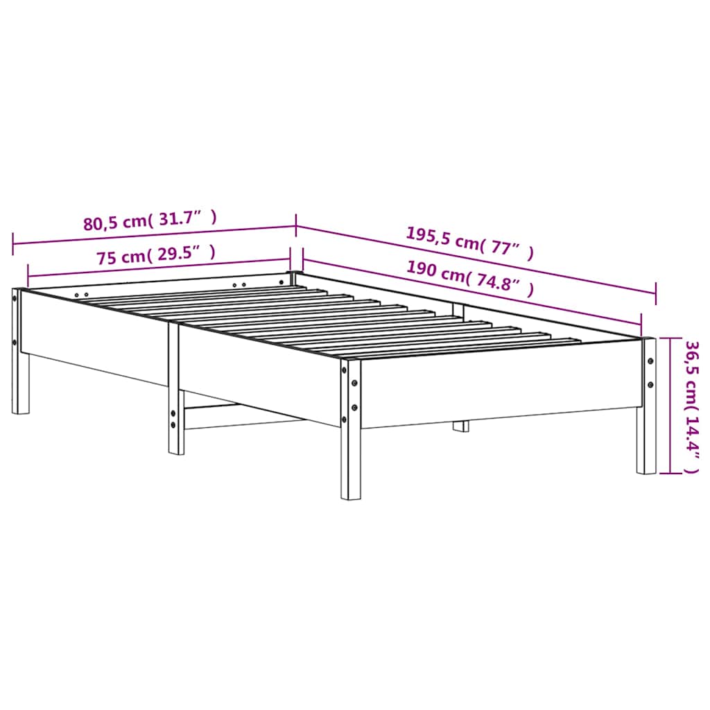 Bed Frame without Mattress White 75x190 cm Small Single Solid Wood Pine