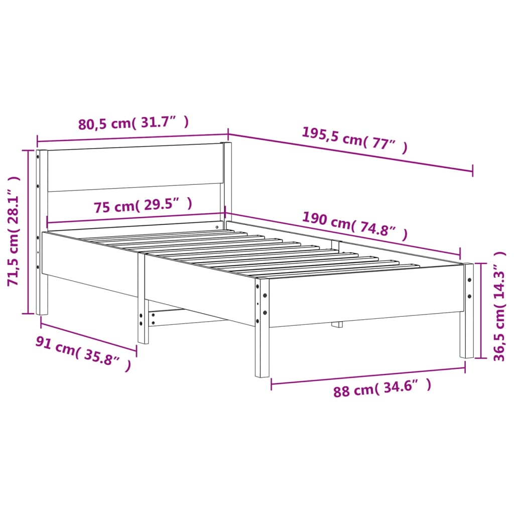 Bed Frame without Mattress White 75x190 cm Small Single Solid Wood Pine