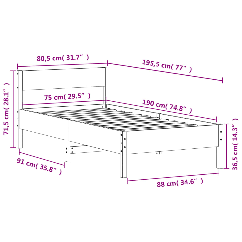 Bed Frame without Mattress Wax Brown 75x190 cm Small Single Solid Wood Pine