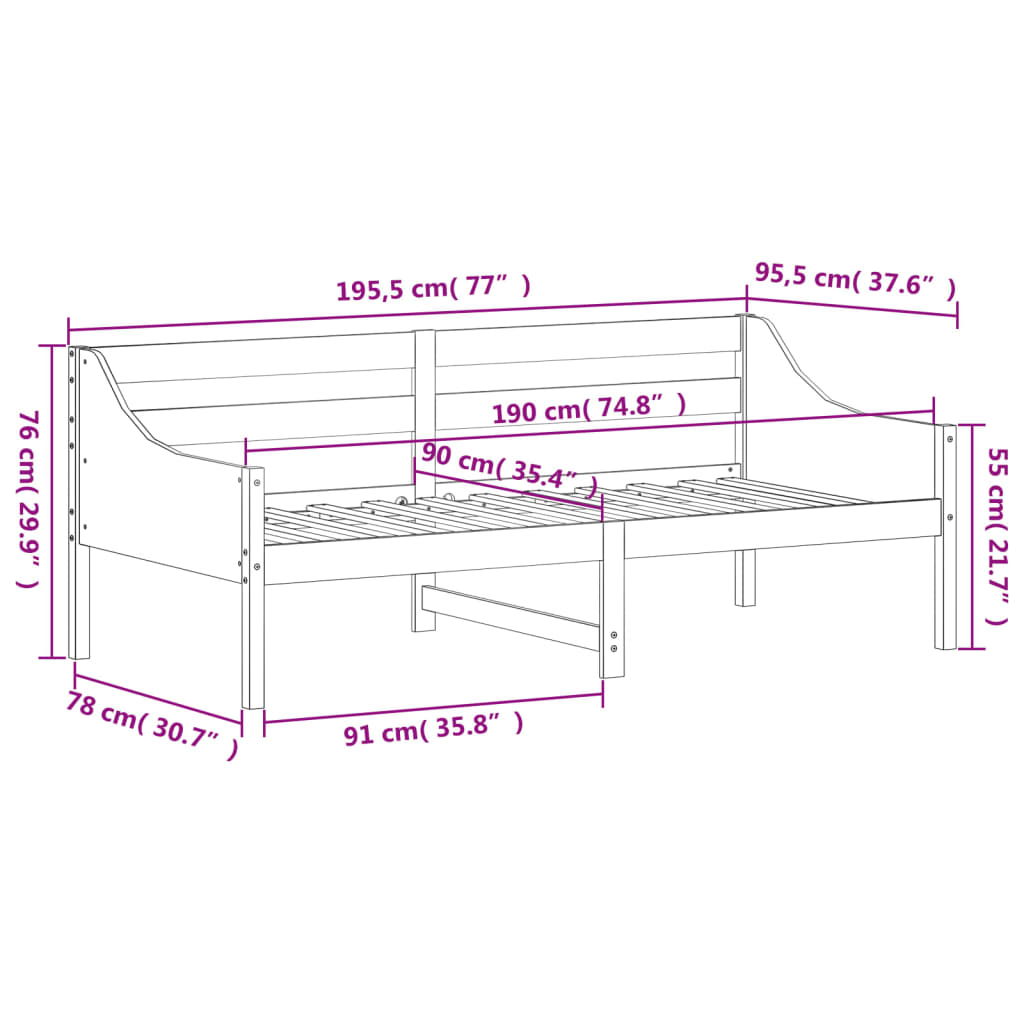 Day Bed without Mattress White 90x190 cm Single Solid Wood Pine