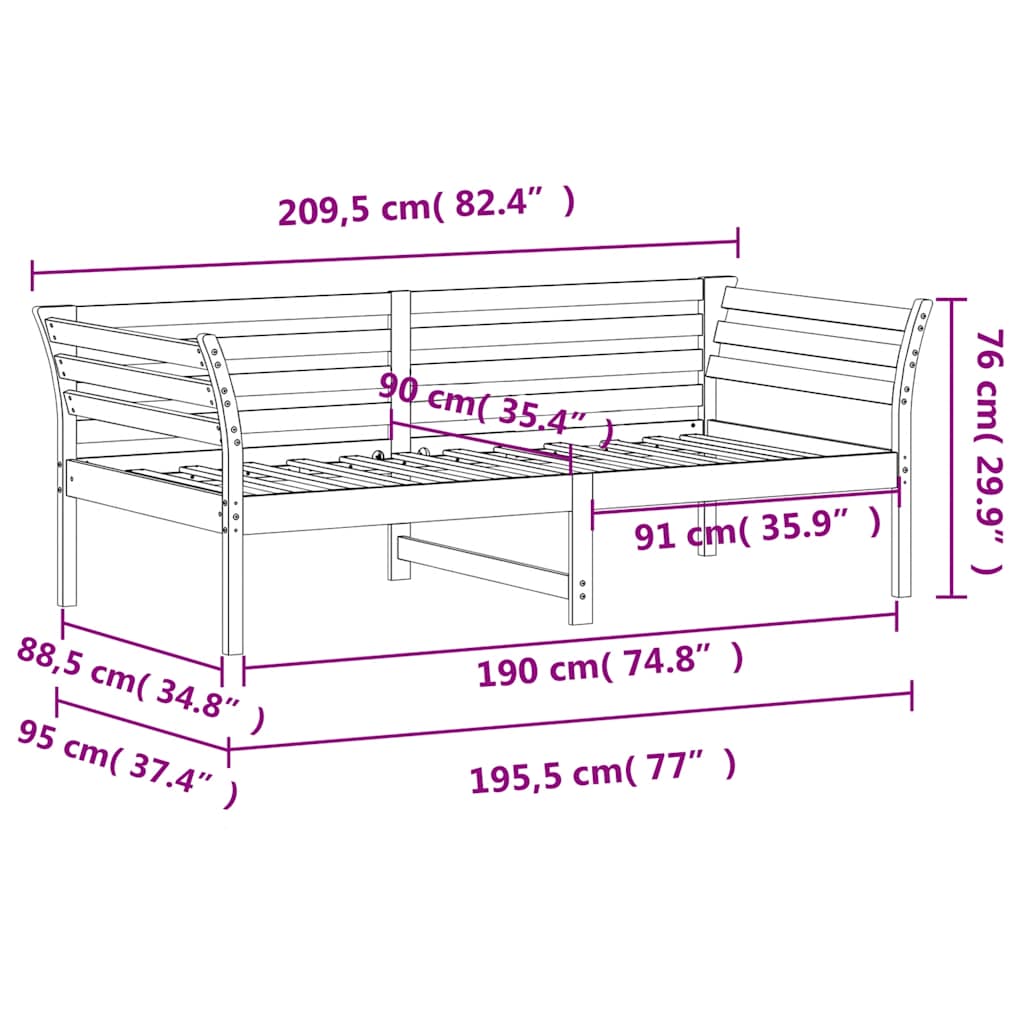 Day Bed without Mattress White 90x190 cm Single Solid Wood Pine