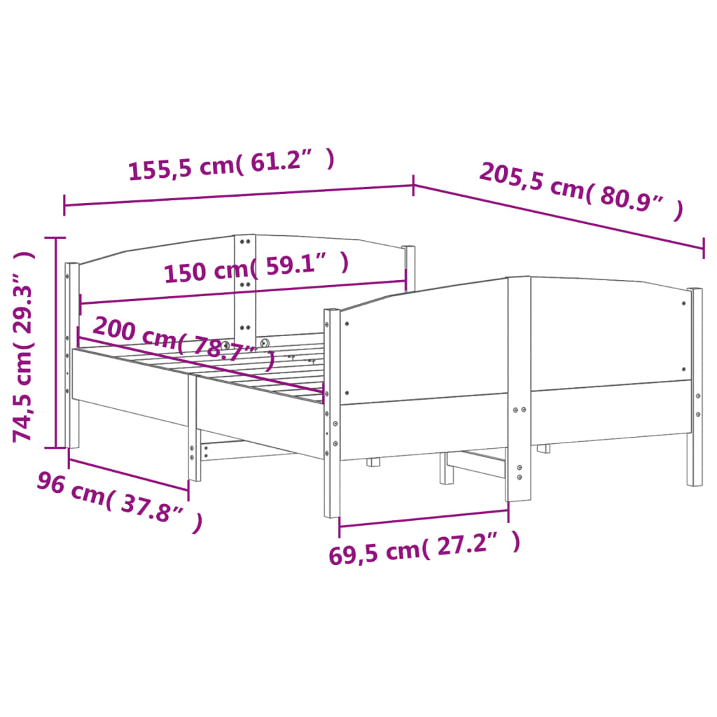 Bed Frame without Mattress 150x200 cm King Size Solid Wood Pine