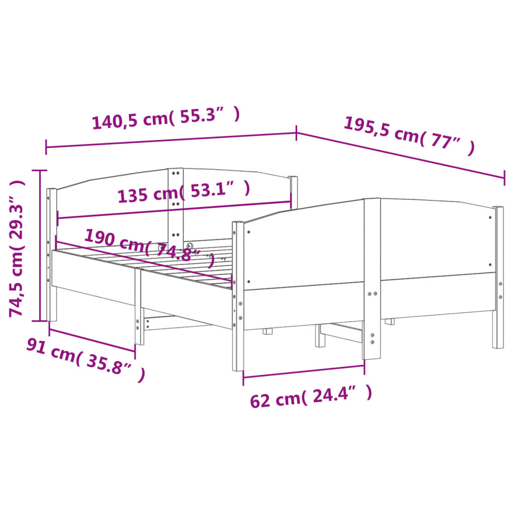 Bed Frame without Mattress 135x190 cm Double Solid Wood Pine