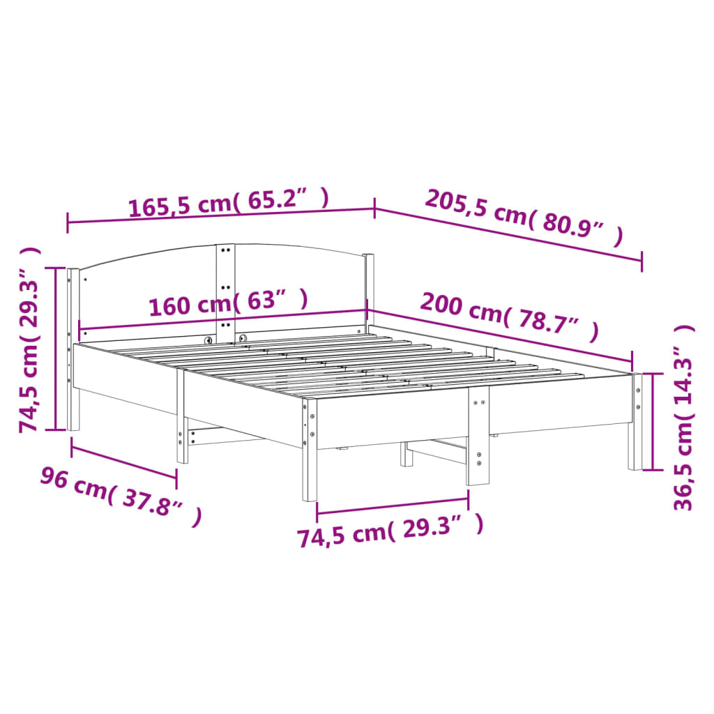 Bed Frame without Mattress White 160x200 cm Solid Wood Pine